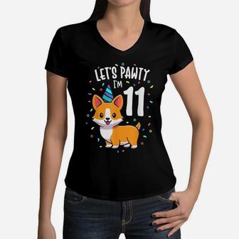 11 Years Old Corgi Dog Lover 11Th Birthday Party Outfit Kid Women V-Neck T-Shirt | Crazezy CA