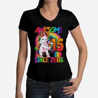 15 Years Old Unicorn Flossing 15Th Birthday Girl Unicorn Women V-Neck T-Shirt | Crazezy CA