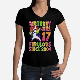 17Th Birthday Girl Dabbing Unicorn 17 Years Old Party Gift Women V-Neck T-Shirt | Crazezy
