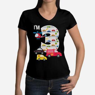 3Rd Birthday Fire Truck Police Car 3 Year Old Boys Women V-Neck T-Shirt | Crazezy