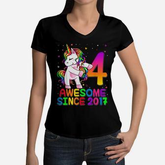 4 Years Old Unicorn Flossing 4Th Birthday Girl Unicorn Party Women V-Neck T-Shirt | Crazezy CA
