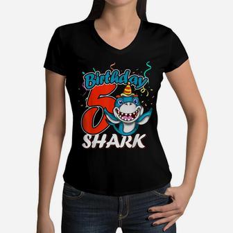 5 Years Old Birthday Shark Boy Gifts 5 Birthday Women V-Neck T-Shirt | Crazezy AU