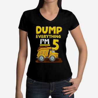 5Th Birthday Construction Birthday Shirt Boy 5 Dump Truck Women V-Neck T-Shirt | Crazezy UK