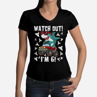 6 Years Old 6Th Birthday Shark Boy Girl Monster Truck Gamer Women V-Neck T-Shirt | Crazezy UK