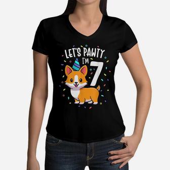 7 Years Old Corgi Dog Lover 7Th Birthday Party Outfit Kid Women V-Neck T-Shirt | Crazezy CA