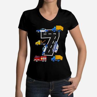 7Th Birthday Boys Fire Truck Police Car 7 Year Old Women V-Neck T-Shirt | Crazezy