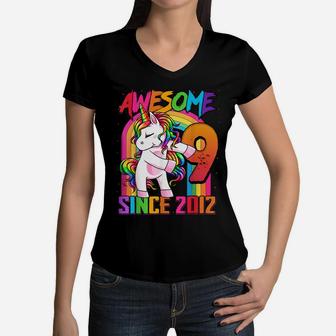 9 Years Old Unicorn Flossing 9Th Birthday Girl Unicorn Party Women V-Neck T-Shirt | Crazezy CA