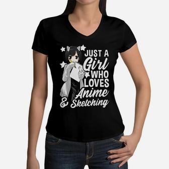 Anime Girl Just A Girl Who Loves Anime And Sketching Drawing Women V-Neck T-Shirt | Crazezy AU