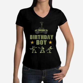 Birthday Army Party Army Decorations Boys Birthday Party Tee Women V-Neck T-Shirt | Crazezy UK