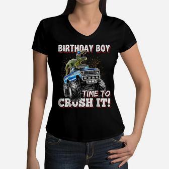 Birthday Boy Dinosaur Monster Truck Birthday Gift For Boys Women V-Neck T-Shirt | Crazezy