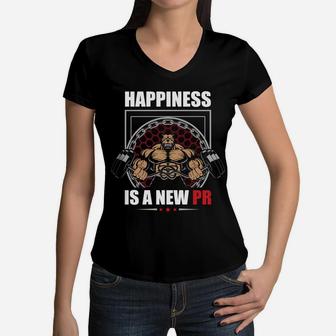 Bodybuilding Workout Happiness Is A New PR Women V-Neck T-Shirt | Crazezy CA