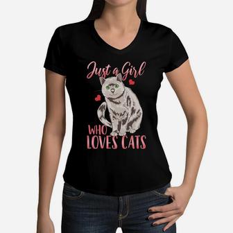 British Shorthair Cat Just A Girl Who Loves Cats Cat Lover Women V-Neck T-Shirt | Crazezy