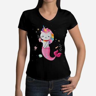 Cat Mermaid Unicorn Girl Women V-Neck T-Shirt | Crazezy
