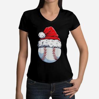 Christmas Baseball Ball Santa Hat Funny Sport Xmas Boys Men Women V-Neck T-Shirt | Crazezy