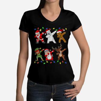 Christmas Dabbing Santa Elf And Friends Boys Kids Dab Xmas Women V-Neck T-Shirt | Crazezy DE
