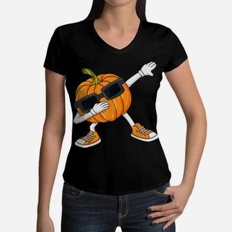 Dabbing Pumpkin Thanksgiving Day Boys Girls Kids Gift Women V-Neck T-Shirt | Crazezy