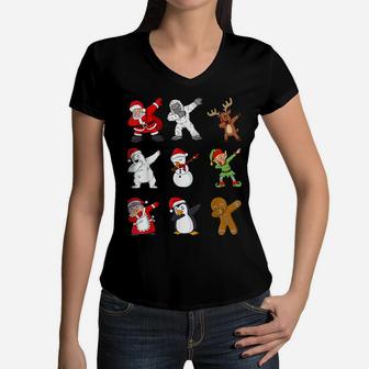 Dabbing Santa Claus And Friends Christmas Boys Girls Women V-Neck T-Shirt | Crazezy