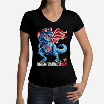Dinosaur 4Th Of July T Shirt Kids Boys Men Amerisaurus T Rex Women V-Neck T-Shirt | Crazezy