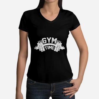 Dumbbell Gym Time For Body Fitting Lovers Women V-Neck T-Shirt | Crazezy UK