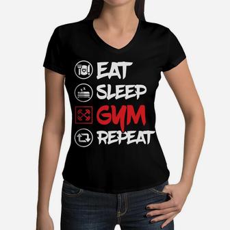 Eat Sleep Gym Repeat Daily Fitness Schedule Women V-Neck T-Shirt | Crazezy