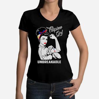 Filipino Girl Unbreakable Heritage Philippines Flag Women V-Neck T-Shirt | Crazezy AU