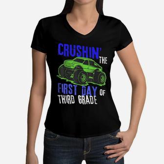 First Day Of School Back To Monster Truck Boys 3Rd Grade Women V-Neck T-Shirt | Crazezy