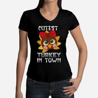 Funny Thanksgiving Day Boys Kids Girl Cutest Turkey In Town Women V-Neck T-Shirt | Crazezy DE