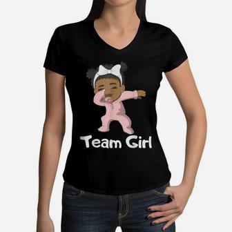 Gender Reveal Party Team Girl Cute Dabbing Black Baby Tee Women V-Neck T-Shirt | Crazezy