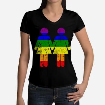 Girls Holding Hands Rainbow Flag Gay Pride Lesbian Sweatshirt Women V-Neck T-Shirt | Crazezy CA