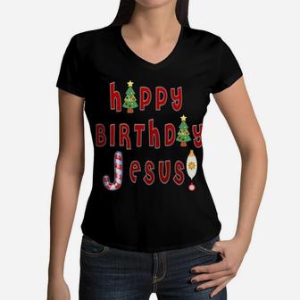 Happy Birthday Jesus Christian Woman Men Kids Ugly Christmas Sweatshirt Women V-Neck T-Shirt | Crazezy