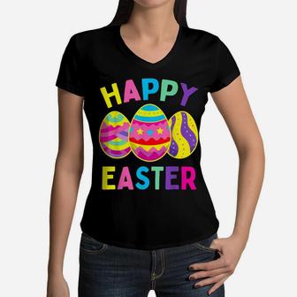 Happy Easter Day, Cute Colorful Egg Hunting Women Boys Girls Women V-Neck T-Shirt | Crazezy