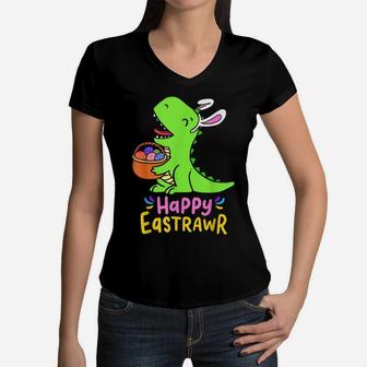 Happy Eastrawr Dinosaur Clothing Easter Day Gift Boys Kids Women V-Neck T-Shirt | Crazezy UK