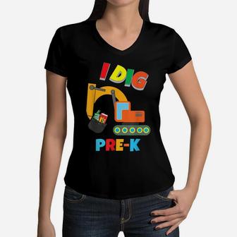 I Dig Preschool Dump Truck Pre-K Construction Preschool Kids Women V-Neck T-Shirt | Crazezy