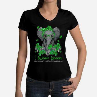 I Wear Green For Kidney Disease Awareness Elephant Survivors Women V-Neck T-Shirt | Crazezy