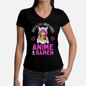Just A Girl Who Loves Anime And Ramen Bowl Japanese Girls Women V-Neck T-Shirt | Crazezy AU