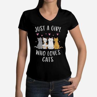 Just A Girl Who Loves Cats Cute Cat Lover Women V-Neck T-Shirt | Crazezy