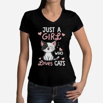 Just A Girl Who Loves Cats Tshirt Cute Cat Lover Gifts Women V-Neck T-Shirt | Crazezy