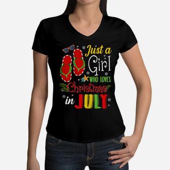 Just A Girl Who Loves Christmas In July Shirt Summer Gift Women V-Neck T-Shirt | Crazezy