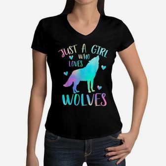 Just A Girl Who Loves Wolves Watercolor Cute Wolf Lover Gift Women V-Neck T-Shirt | Crazezy AU