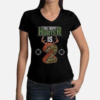 Kids 2 Year Old Hunting 2Nd Birthday Party Deer Hunter Women V-Neck T-Shirt | Crazezy