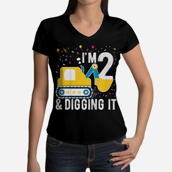 Kids 2Nd Birthday Boy 2 Year Old Construction Truck Excavator Women V-Neck T-Shirt | Crazezy