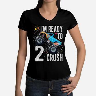 Kids 2Nd Birthday Boy Shirt 2 Year Old Monster Truck Car T Shirt Women V-Neck T-Shirt | Crazezy AU