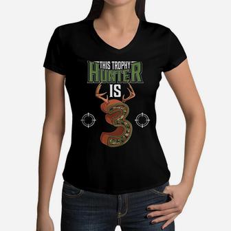 Kids 3 Year Old Hunting 3Th Birthday Party Deer Hunter Women V-Neck T-Shirt | Crazezy