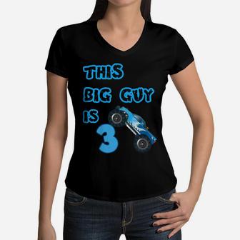Kids 3Rd Birthday Boy Monster Truck Shirt 3 Year Old Boys Party Women V-Neck T-Shirt | Crazezy