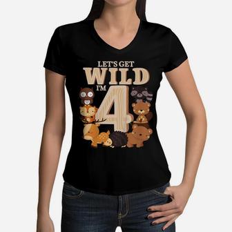 Kids 4 Year Old Woodland Animals Birthday Wild Forest 4Th Gift Women V-Neck T-Shirt | Crazezy