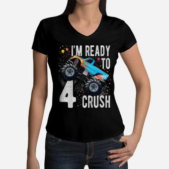Kids 4Th Birthday Boy Shirt 4 Year Old Monster Truck Car T Shirt Women V-Neck T-Shirt | Crazezy