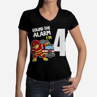 Kids 4Th Birthday Dabbing Firefighter Tee Fire Truck 4 Years Old Women V-Neck T-Shirt | Crazezy