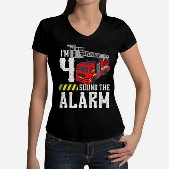 Kids 4Th Birthday Fire Truck Sound Alarm I'm Four Years Old Women V-Neck T-Shirt | Crazezy