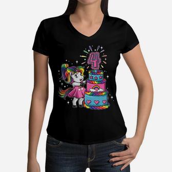 Kids 4Th Birthday Girl Cute Unicorn Rainbow Cake Gift Idea Women V-Neck T-Shirt | Crazezy