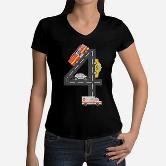Kids 4Th Birthday Party Fire Truck Police Car Race Track Women V-Neck T-Shirt | Crazezy